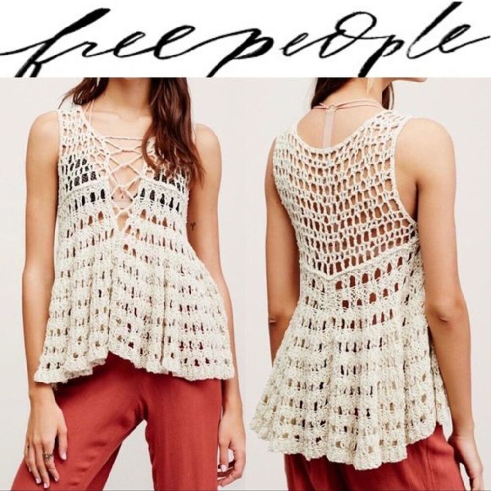 Free People Cream Open-Knit Crochet Lace-Up Front Flared Boho Fairy Grunge Top M - Picture 7 of 7